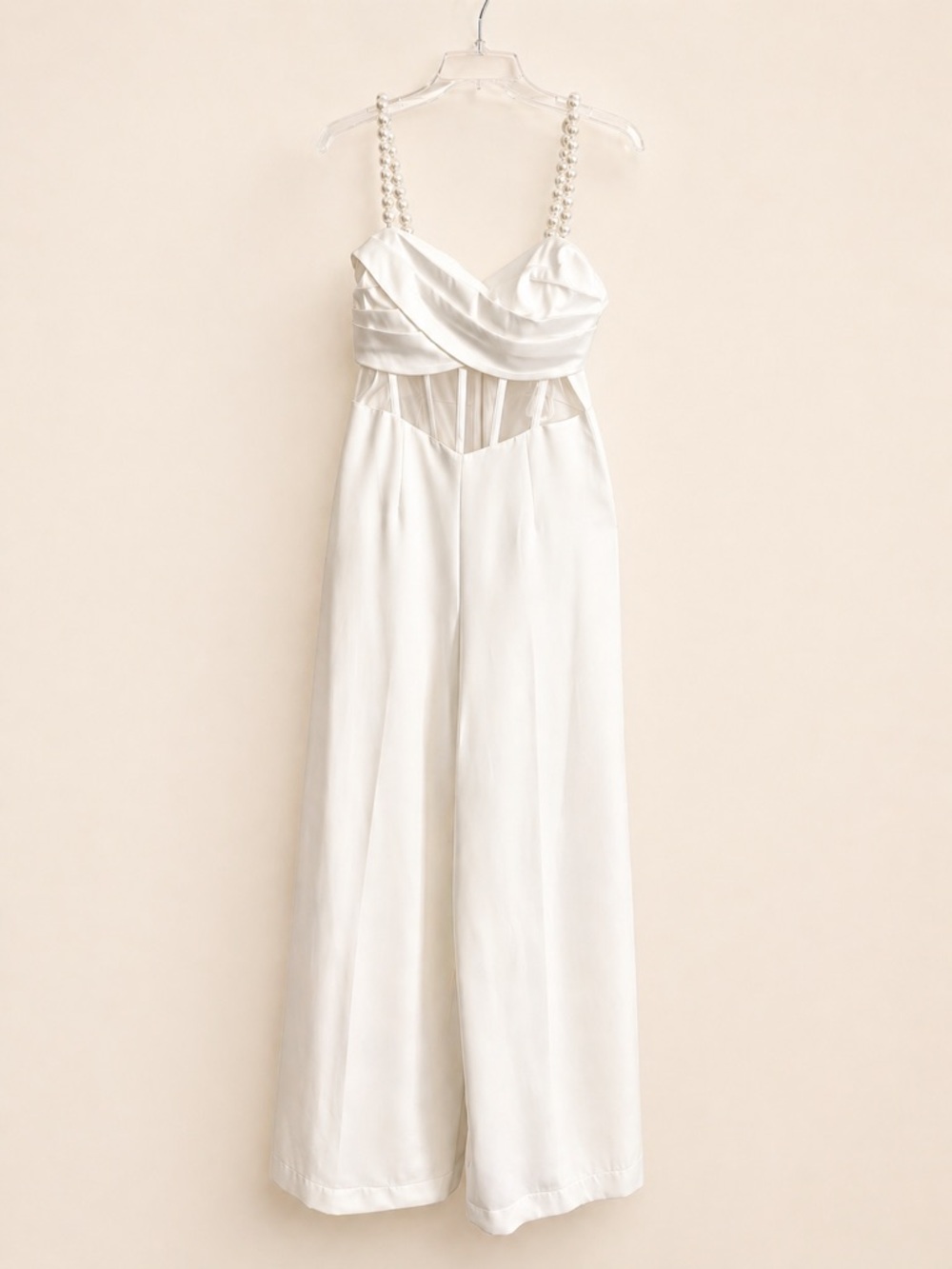 White Pearl Strap Wide Leg Jumpsuit – Size Medium Elegant Formal Piece